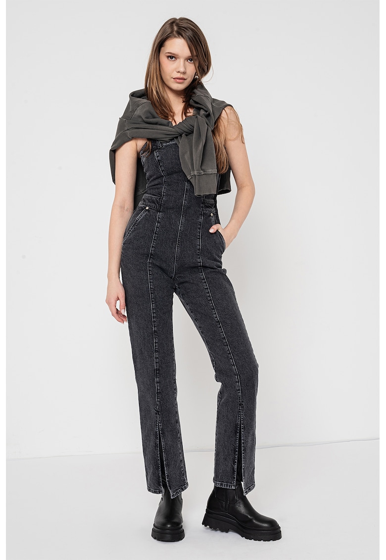 Salopeta de denim cu slituri frontale - Gri inchis melange