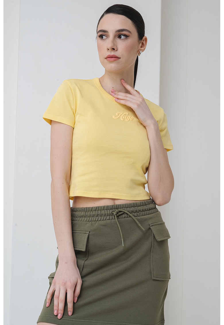 Oferte la Tricou crop cu imprimeu logo - Galben deschis
