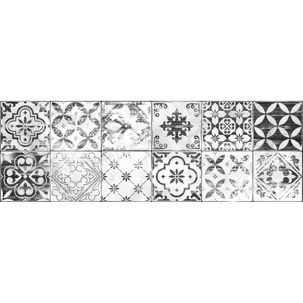 Faianta White Mat Patchwork, mata, cu model, alb/negru, dreptunghiulara, 75.5 x 25.5 cm