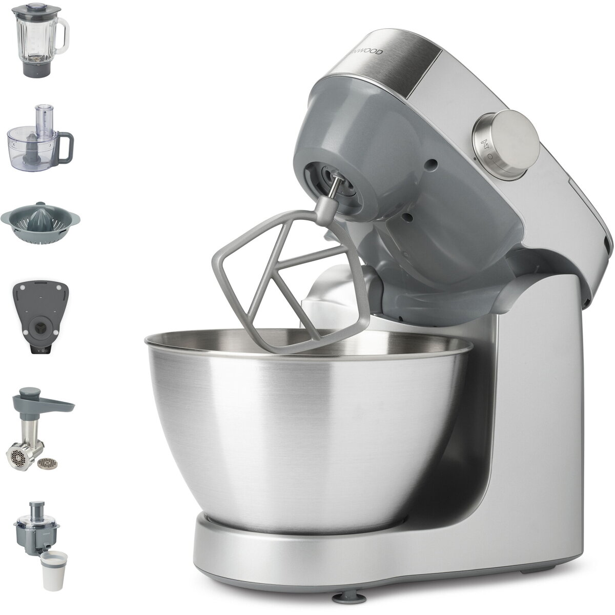 Robot de bucatarie KENWOOD Prospero+ KHC29A.R0SI, 1000 W, cantar integrat, vas 4.3l, blender sticla 1.2l, masina de tocat, procesor alimente 1.4l, storcator, presa citrice, 3 accesorii patiserie, 6 trepte viteza, argintiu