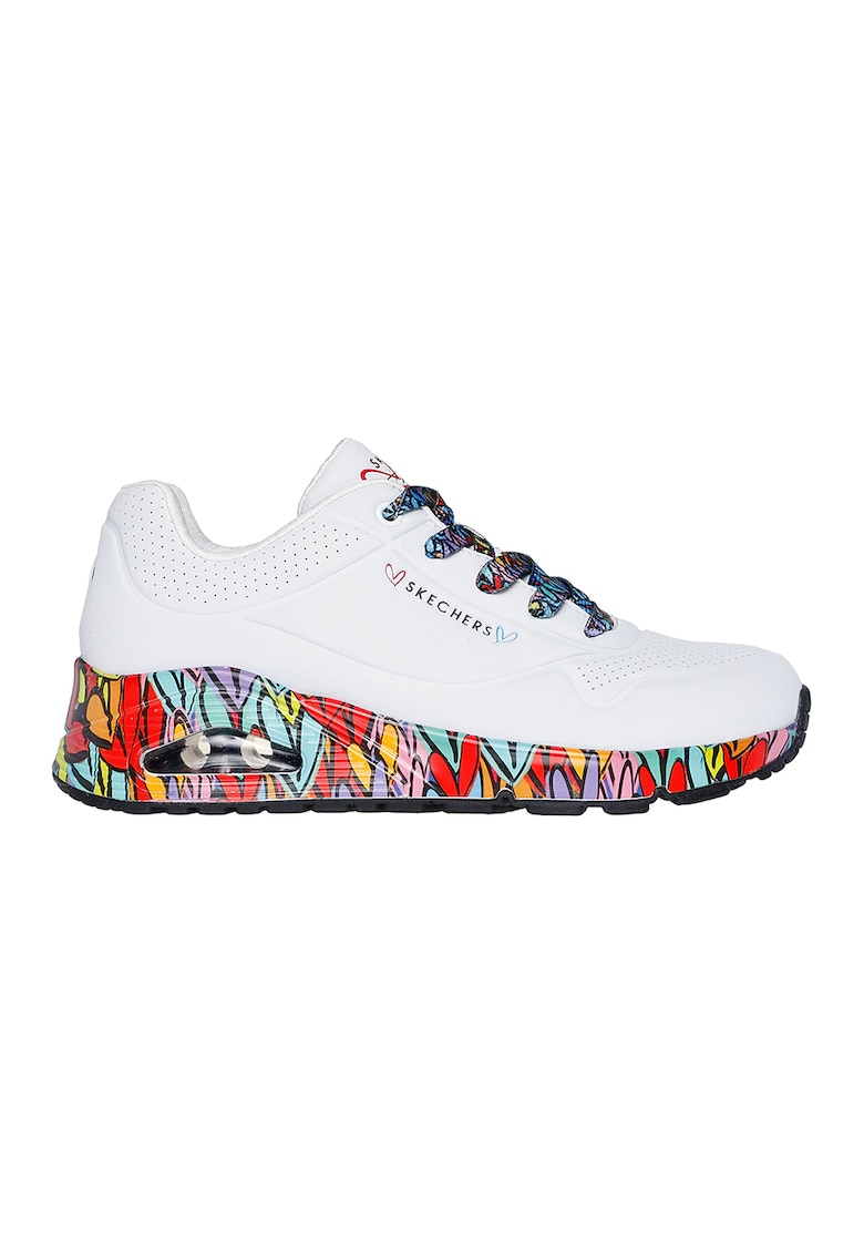 Pantofi sport wedge din piele ecologica Ravaged Love - Alb/Multicolor