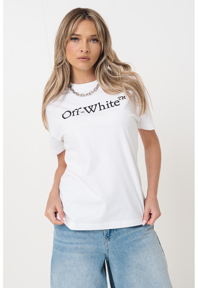 Oferte la Tricou cu imprimeu text si decolteu la baza gatului - Alb/Negru stins