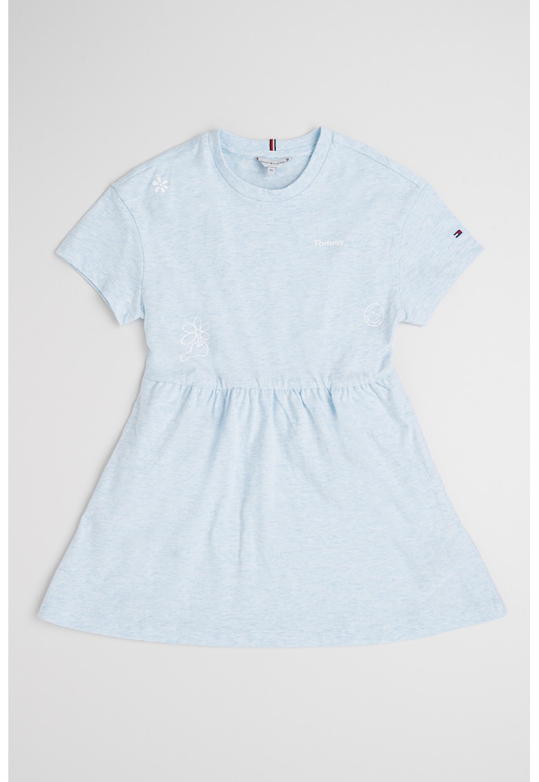 Oferte la Rochie evazata de bumbac cu imprimeu text - Albastru glaciar