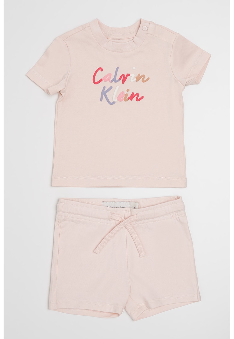 Oferte la Set de pantaloni scurti si tricou cu imprimeu logo - 2 Piese - Roz pal