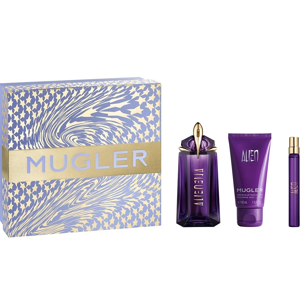 Oferte la Set cadou Alien Thierry Mugler, Femei, Apa de Parfum, 90 ml + Lotiune de corp 50 ml + Apa de Parfum, 10 ml