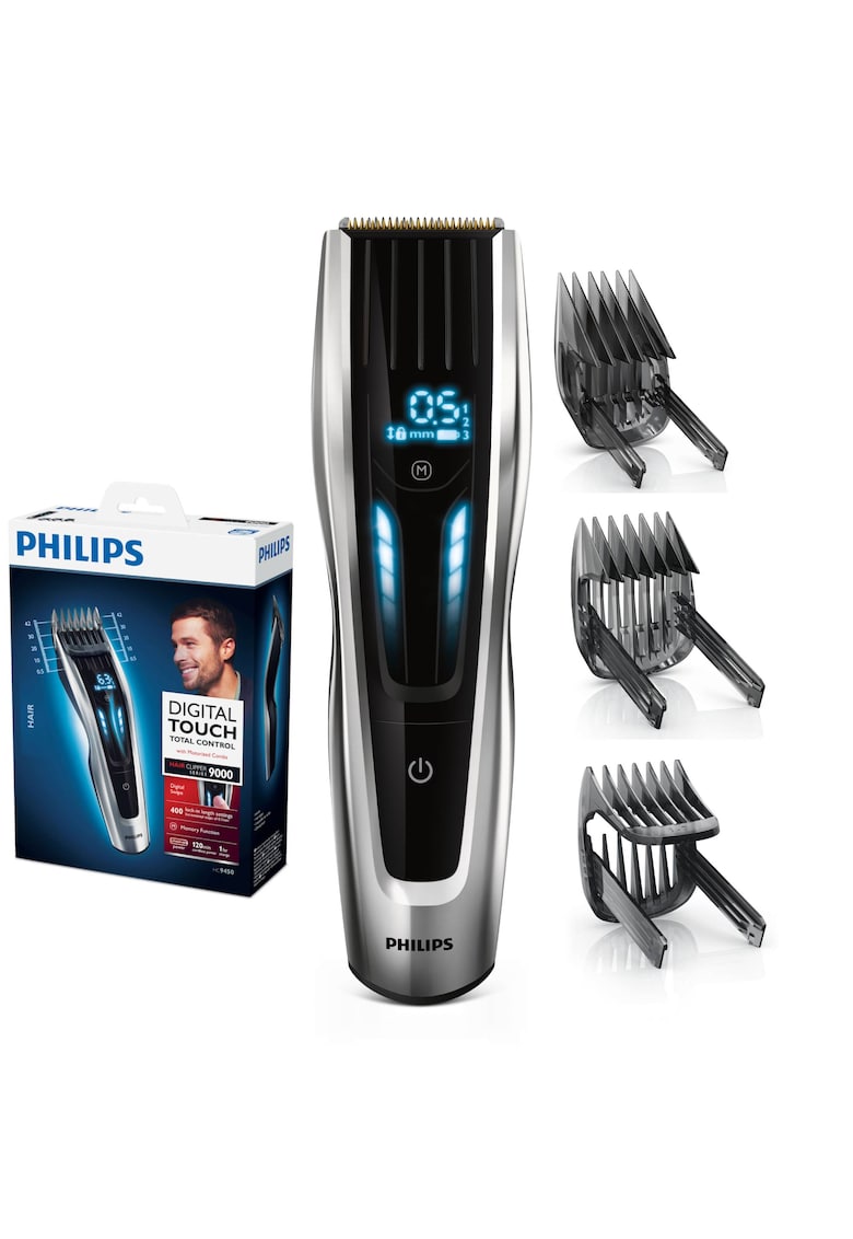 Masina de tuns Seria 9000 HC9450/15 - 400 setari de lungime (0.5-42 mm) - 120 min autonomie fara fir /nelimitat cu fir - lame titan cu autoascutire - afisaj digital - 4 piepteni - senzor PowerAdapt - Negru/Argintiu