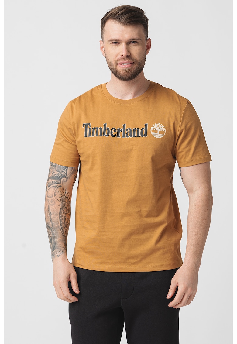 Oferte la Tricou cu decolteu la baza gatului si imprimeu logo Linear - Caramel