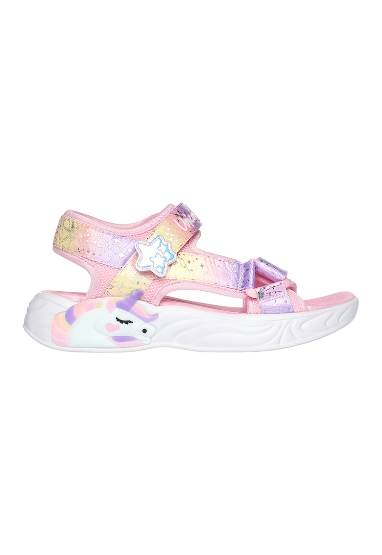 Sandale cu velcro si model colorblock Unicorn Dreams - Roz deschis