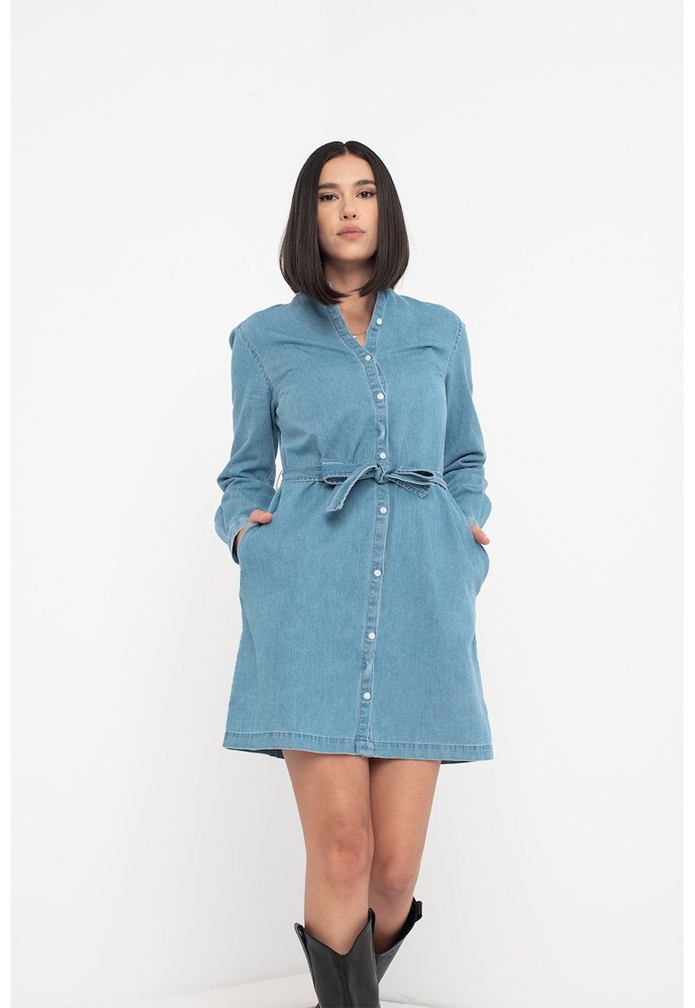 Oferte la Rochie din material chambray cu cordon in talie - Albastru deschis