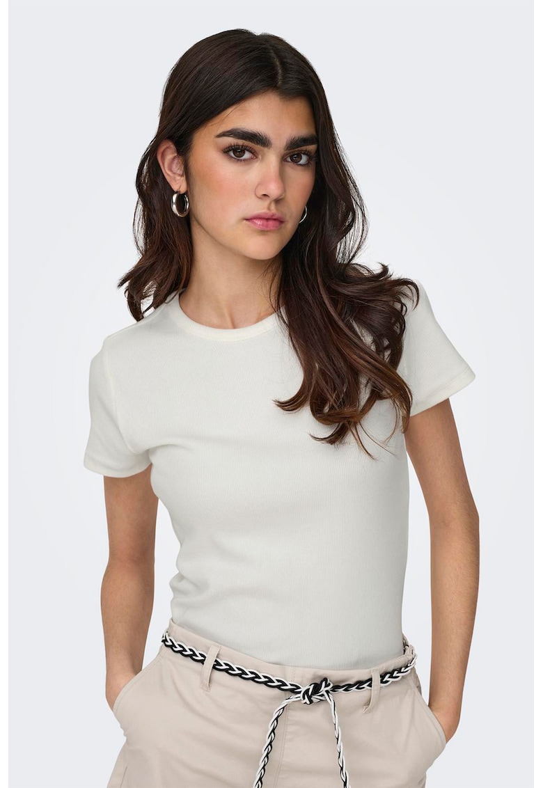 Oferte la Tricou striat cu decolteu la baza gatului - Alb murdar