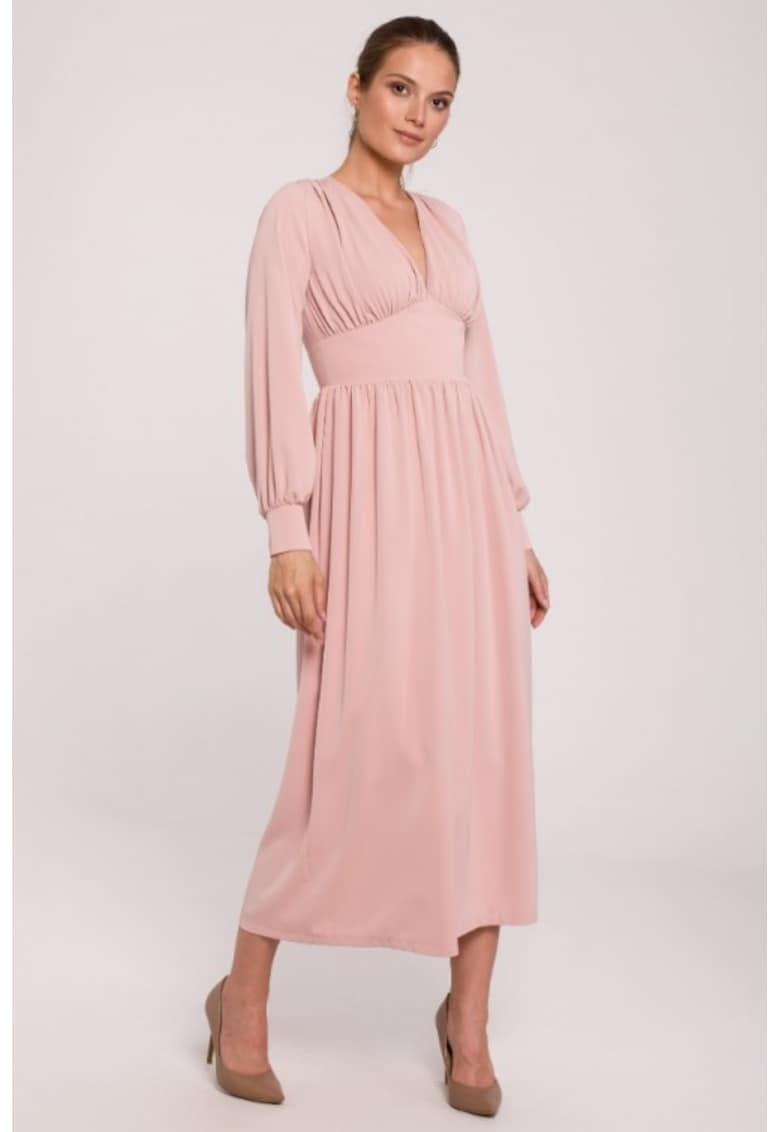 Rochie maxi cambrata in talie cu decolteu in V - - Roz pudrat