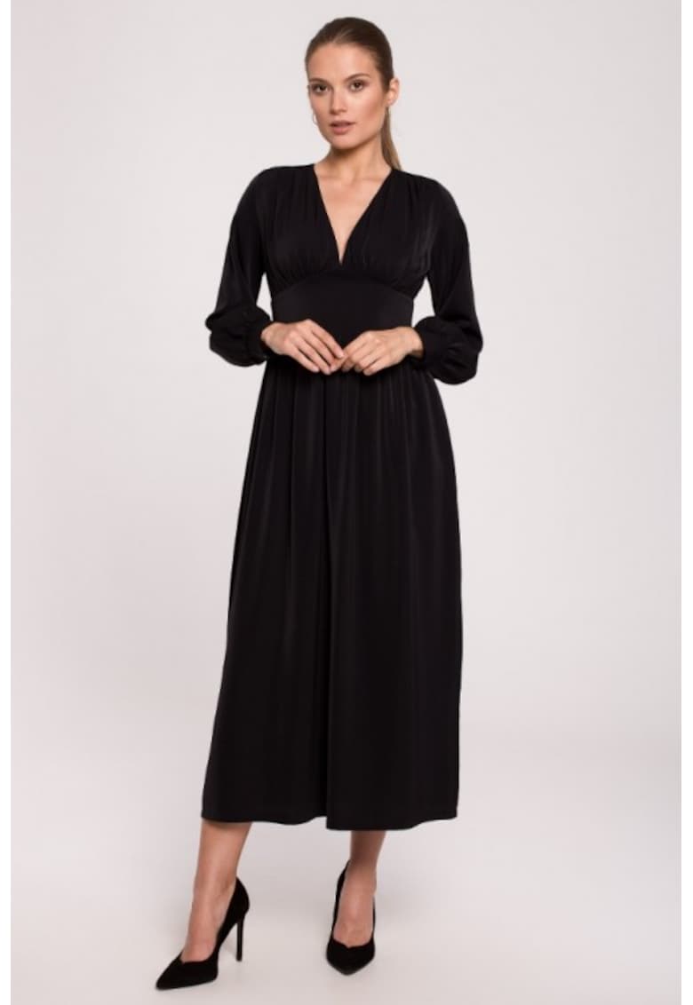 Rochie maxi cambrata in talie cu decolteu in V - - Negru
