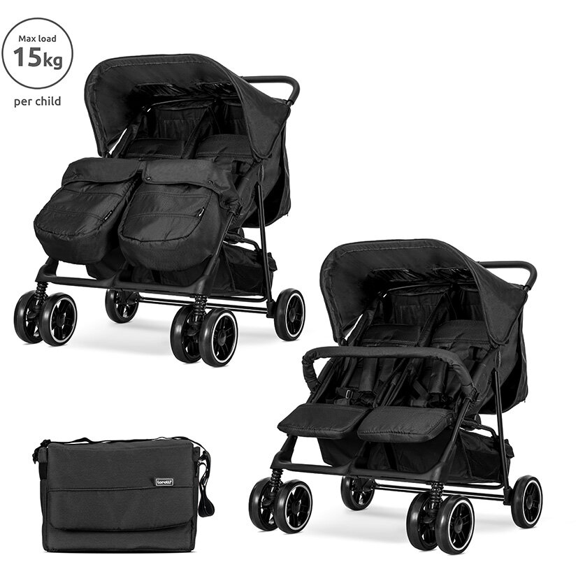 Carucior pentru Gemeni Twin Reglabil Individual pana la 25Kg per Copil Geanta pentru Mama Inclusa Beige