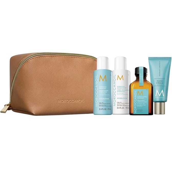 Oferte la Set Hydration Moroccanoil, Sampon 70ml, Balsam 70 ml, Crema de maini 40 ml, Tratament ulei de par pentru toate tipurile de par 25ml