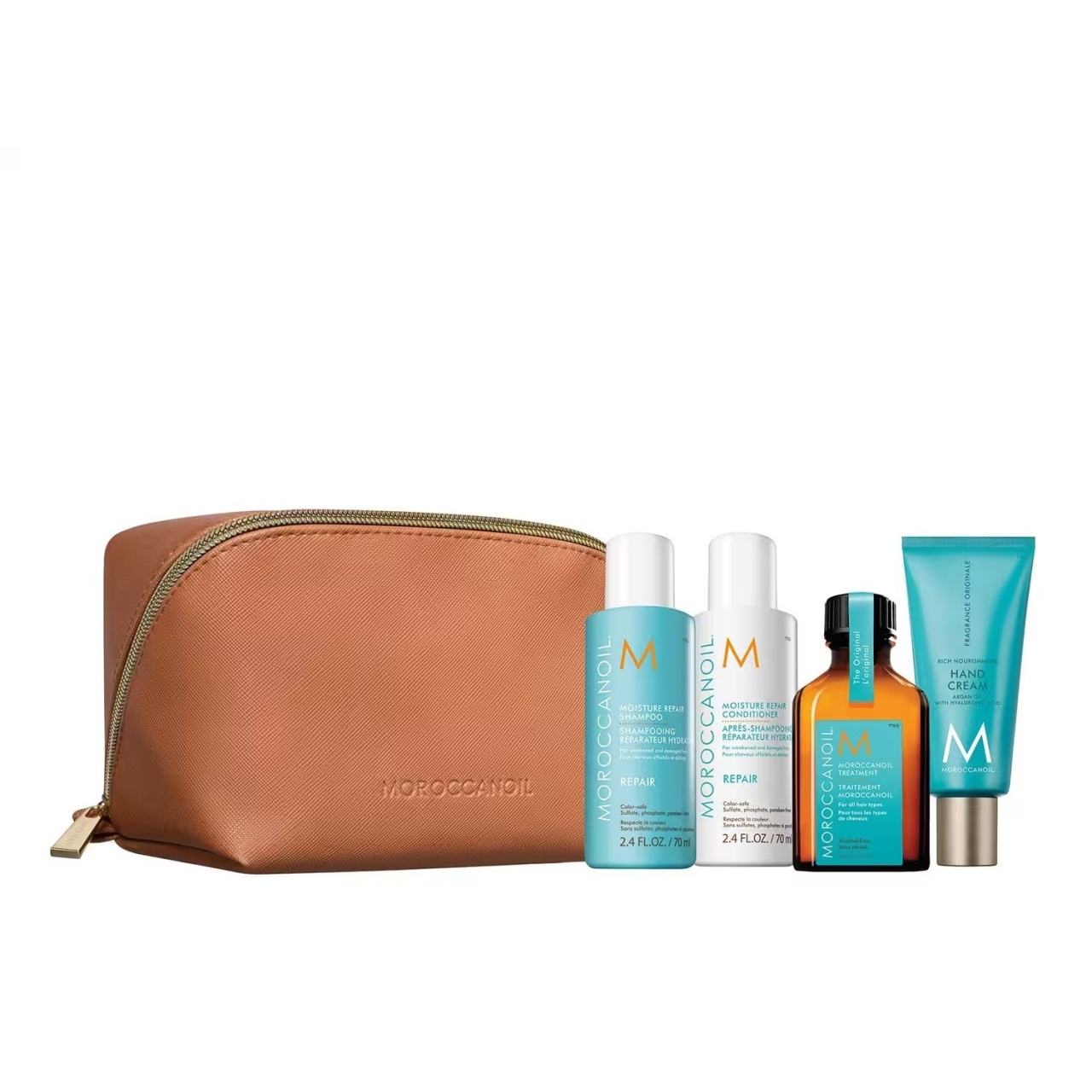 Oferte la Set Repair, Moroccanoil, Sampon 70ml, Balsam 70 ml, Crema de maini 40 ml, Tratament ulei de par pentru toate tipurile de par 25ml