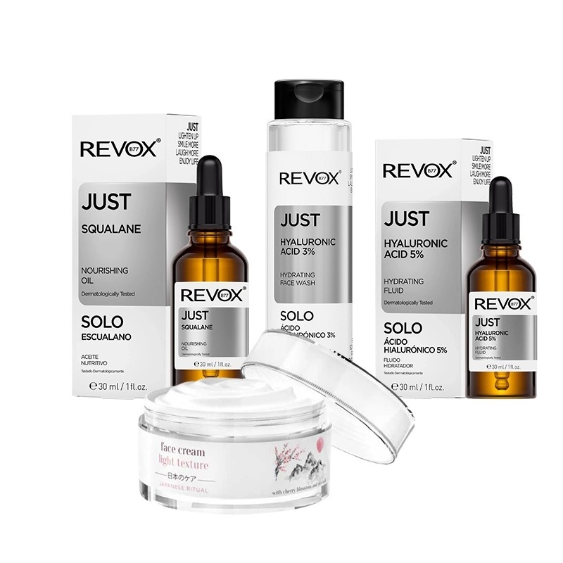 Oferte la Pachet pentru ten dezhidratat Revox - Squalane Oil 30 ml + Face Wash HA 3% 250 ml + Fluid HA 5% 30 ml + Crema Light Texture 50 ml