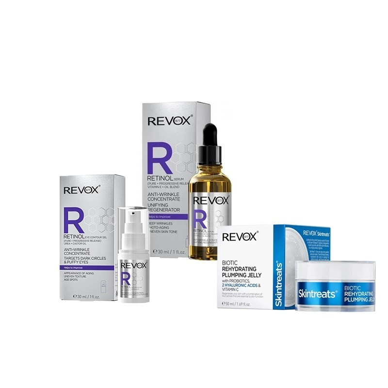 Oferte la Pachet Anti-Age Revox: Retinol Serum 30 ml + Retinol Gel Contur Ochi 30 ml + Crema-gel rehidratant Skintreats Biotic, 50 ml