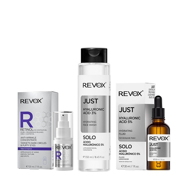 Oferte la Pachet pentru hidratare Revox - Gel ochi Retinol 30 ml + Face Wash HA 3% 250 ml + Fluid HA 5% 30 ml