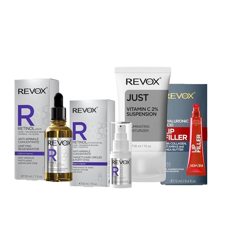 Oferte la Pachet Anti-age buze si ten Revox: Retinol Serum 30 ml + Gel contur ochi Retinol 30 ml + Crema Vitamina C 2% 30 ml + Lip Filler 12 ml