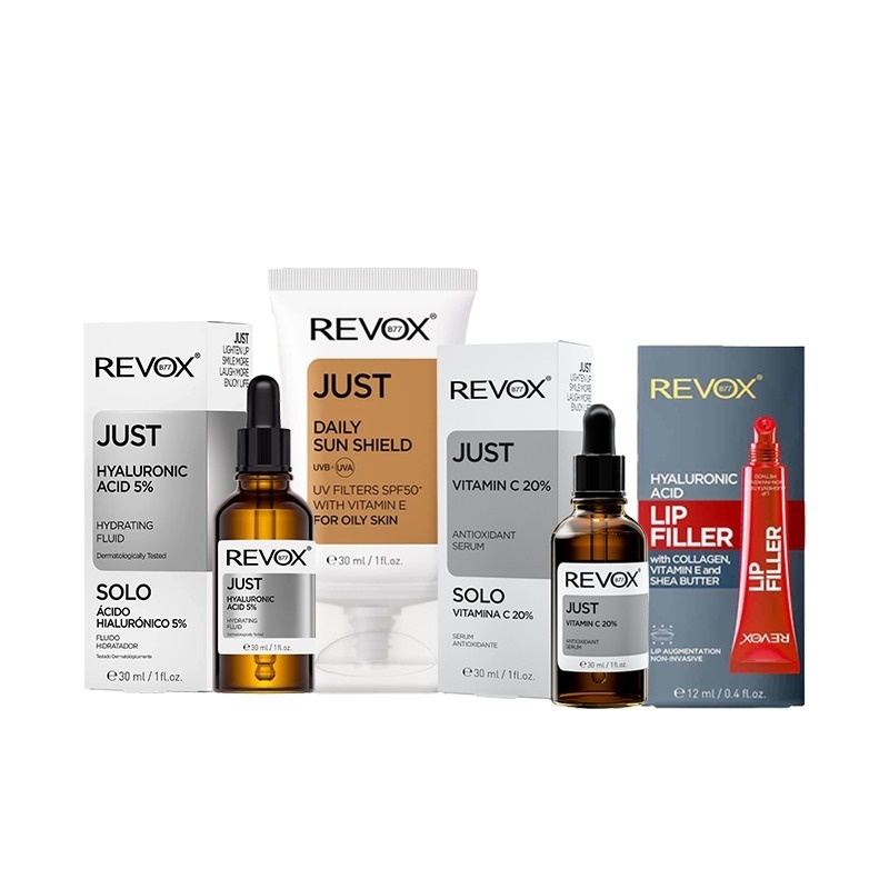 Oferte la Pachet Glow & hidratation Revox: HA 5% Fluid 30 ml + Vitamin C 20% 30 ml + Daily Sun Shield SPF 50+ 30 ml + Lip Filler 12 ml