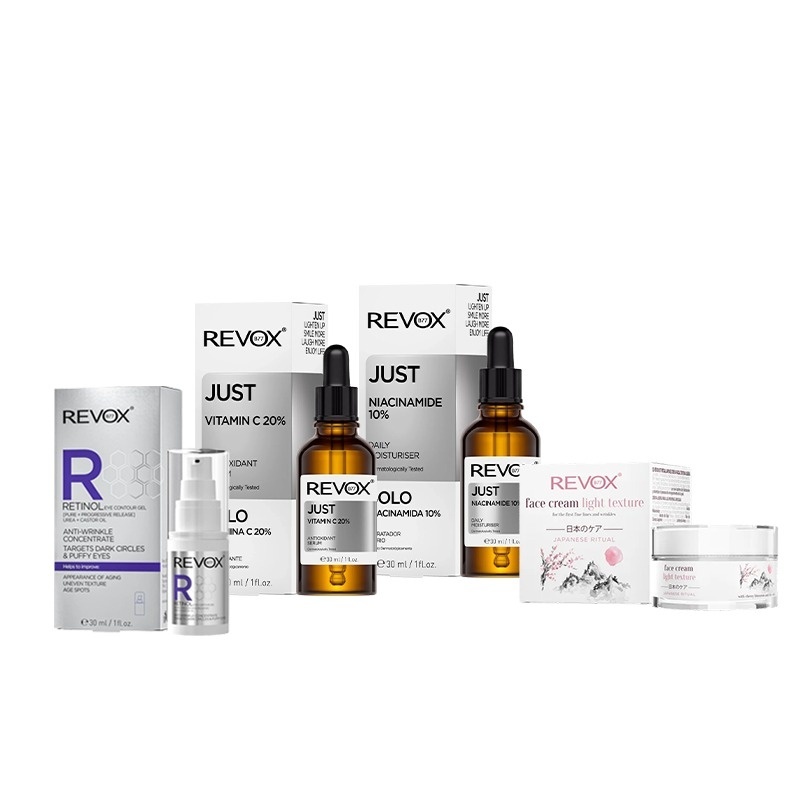 Oferte la Pachet luminozitate si pete Revox Retinol 30 ml + Vitamin C 20% 30 ml + Niacinamide 10% 30 ml + Light Texture 50 ml