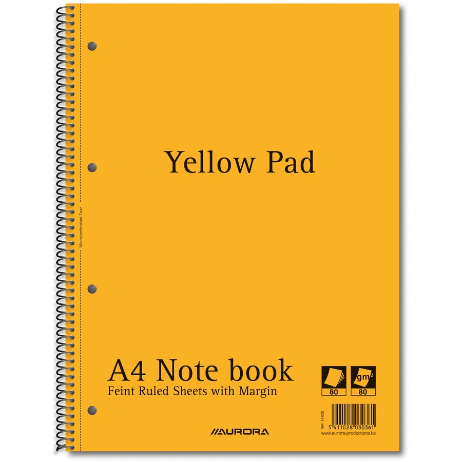 Caiet cu spirala, A4, 80 file - 80g/mp, 4 perforatii, coperti carton, AURORA - dictando-hartie galbe
