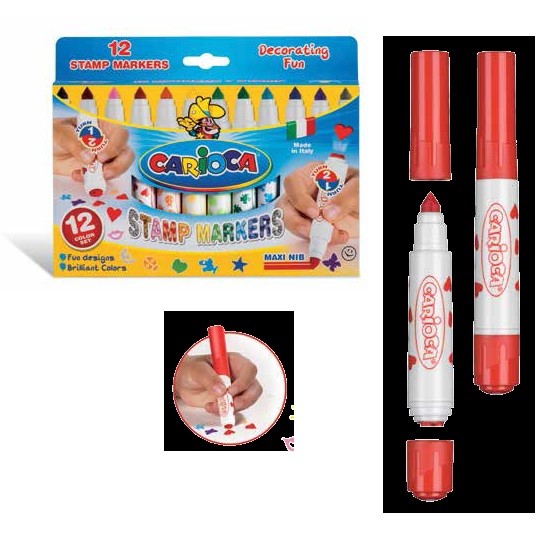 Oferte la Set 12 markere lavabile, cu 12 stampile diverse forme, cutie carton, CARIOCA Stamp markers