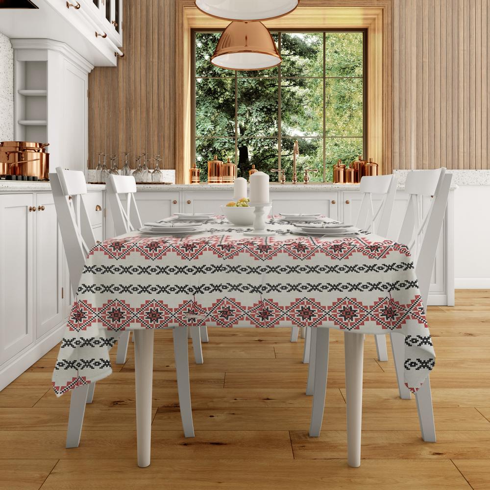 Oferte la Fata de masa Rustic, bumbac 100%, alb/rosu, 140 x 220 cm