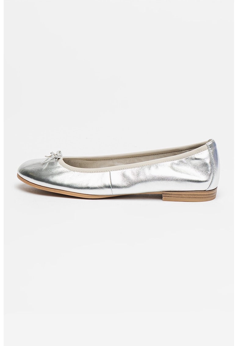 Balerini din piele cu detalii cu funda - Argintiu