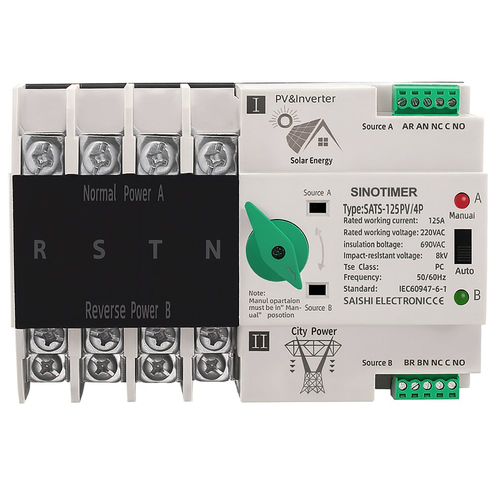 Oferte la Comutator de transfer, PV, 4P cu sina DIN, SINOTIMER, comutatoare de selectie automata de transfer cu dubla alimentare, 125A SATS-125PV/4P