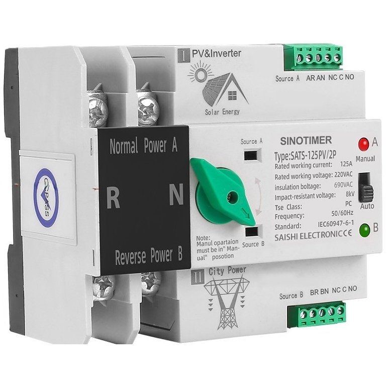 Oferte la Comutator de transfer, PV, 2P cu sina DIN, SINOTIMER, comutatoare de selectie automata de transfer cu dubla alimentare, 125A SATS-125PV/2P