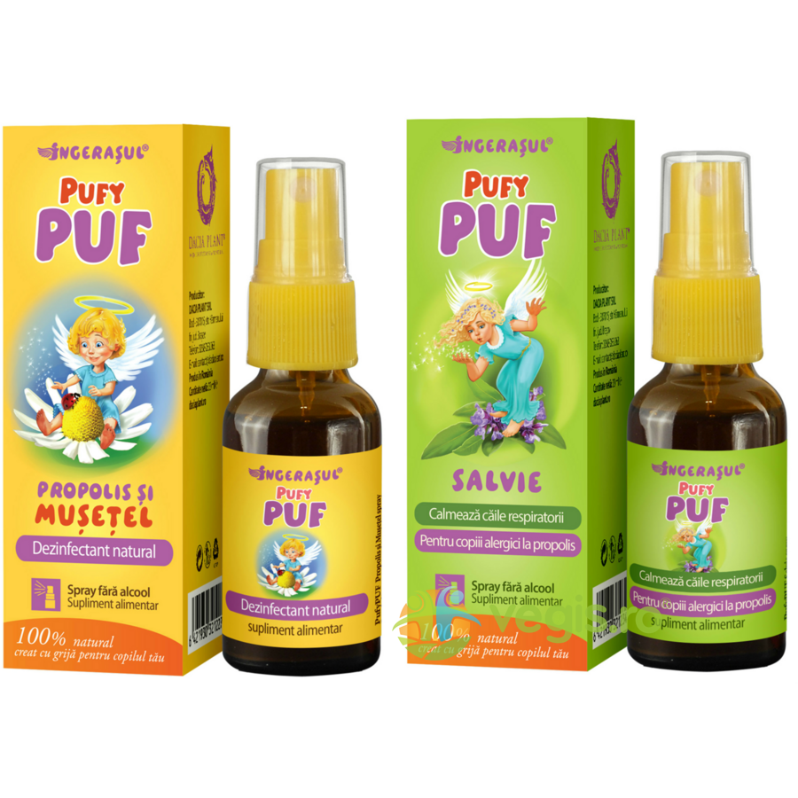 Oferte la Pachet pentru Copii Pufy Puf: Propolis si Musetel Spray fara Alcool 20ml + Salvie Spray fara Alcool 20ml