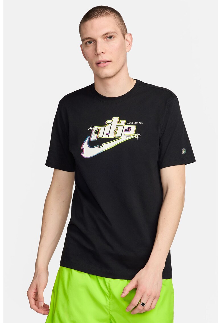 Tricou cu decolteu la baza gatului si logo - Negru/Alb murdar