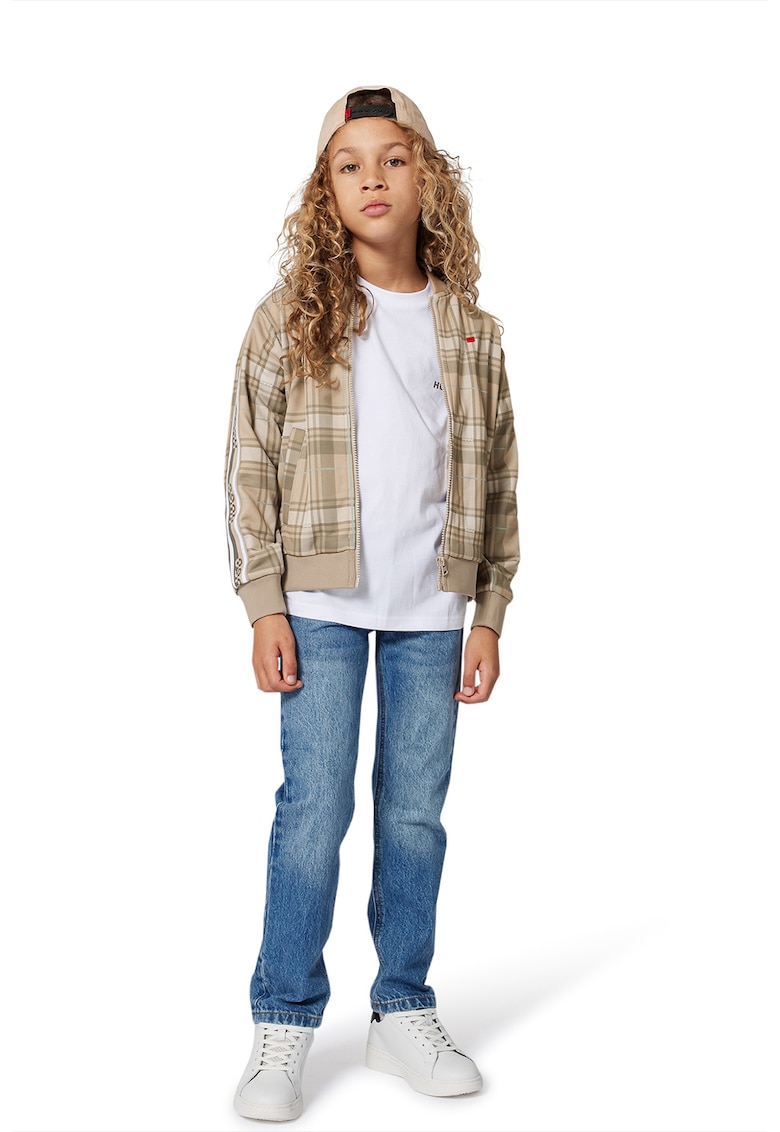 Oferte la Bluza de trening cu fermoar si model in carouri - Turcoaz/Maro deschis/Alb murdar