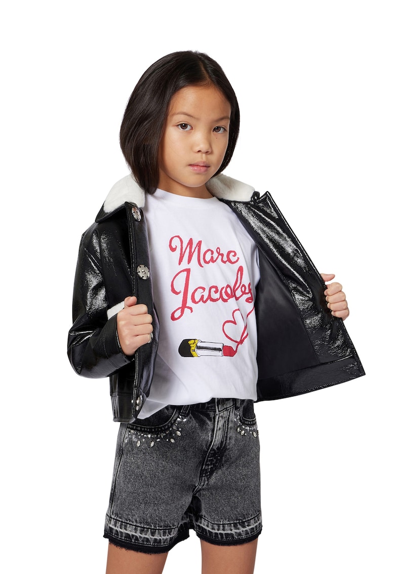 Tricou cu logo si decolteu la baza gatului - Alb optic/Rosu vermillion