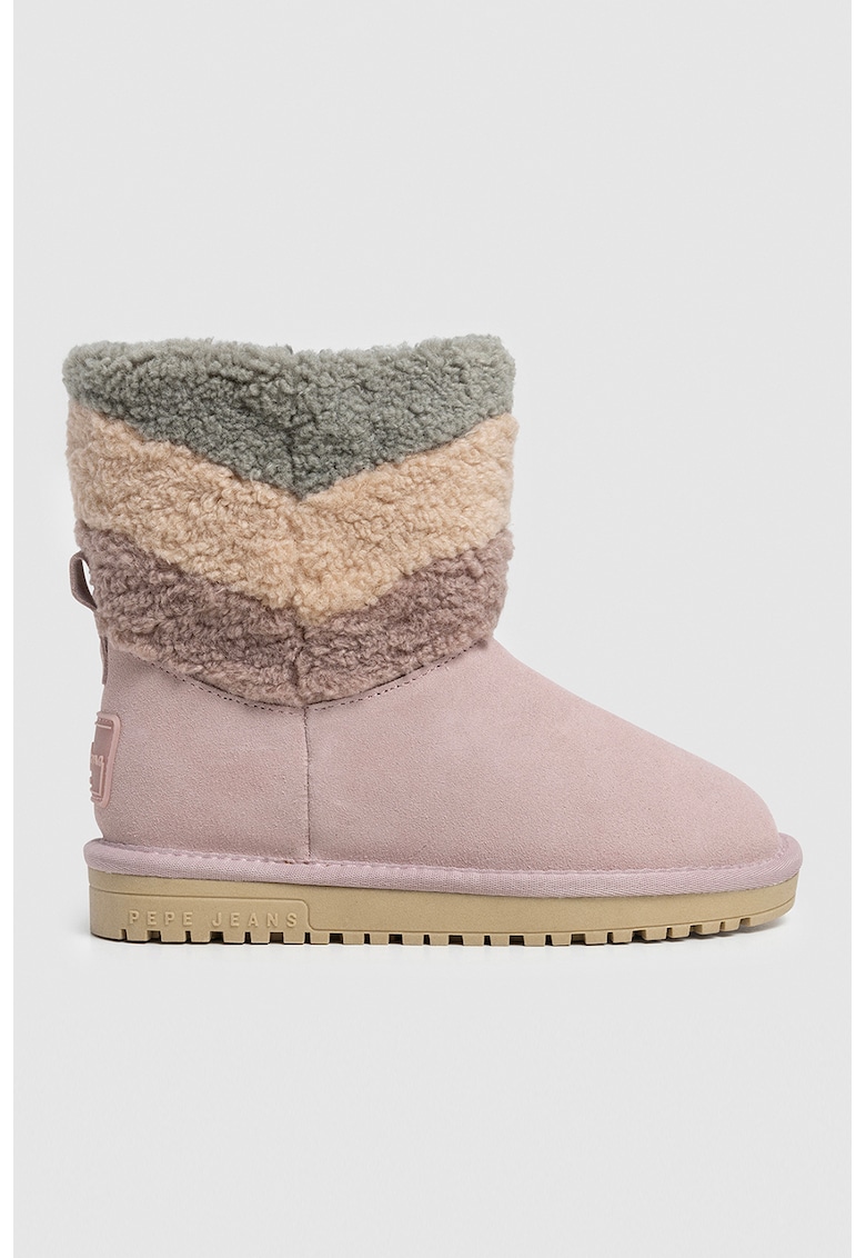 Ghete slip-on de piele intoarsa cu aplicatie logo - Bej deschis