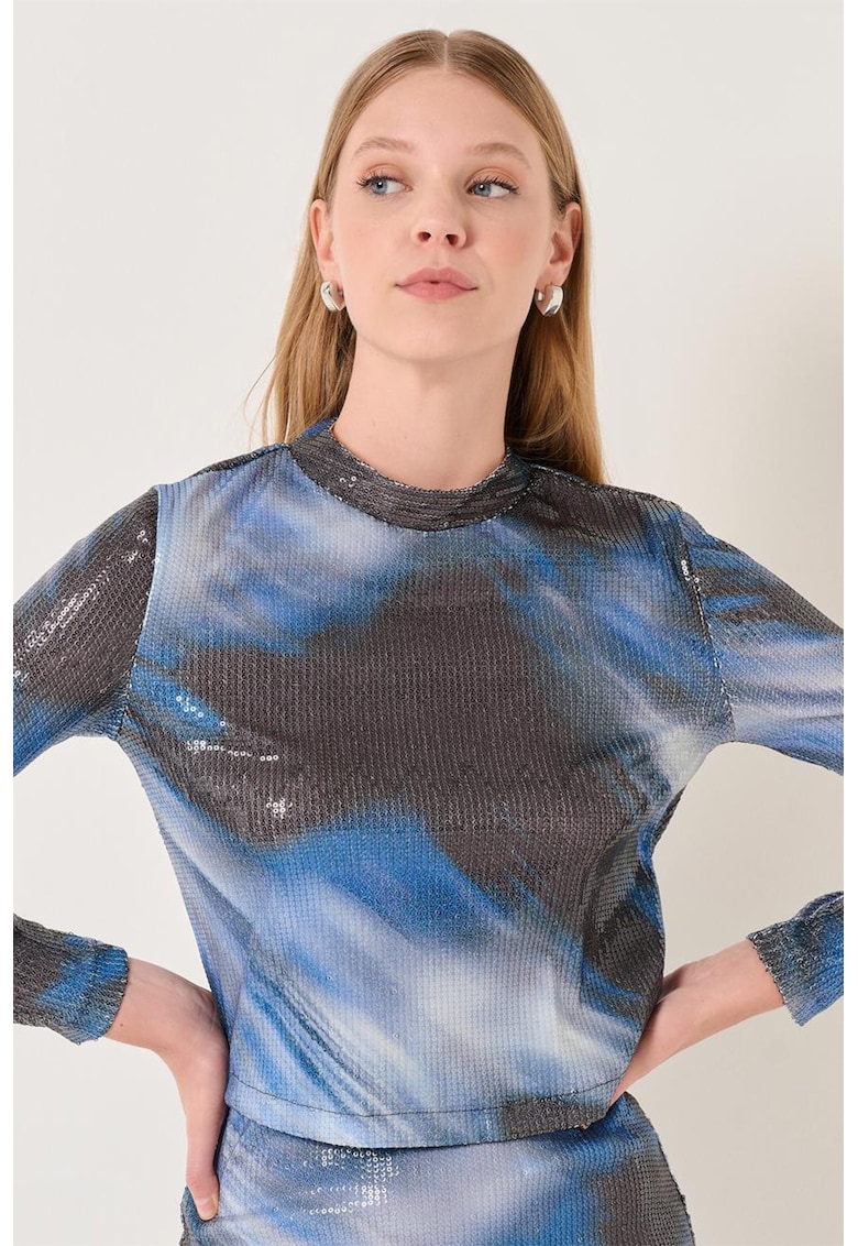 Oferte la Bluza cu model tie-dye si paiete - Alb/Negru/Albastru