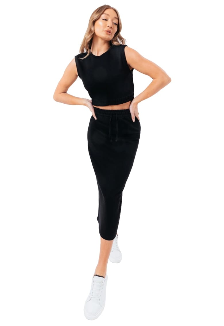 Oferte la Set de bluza crop si fusta midi -  Sweat Midi Skirt Loungewear Set 10078 - Negru