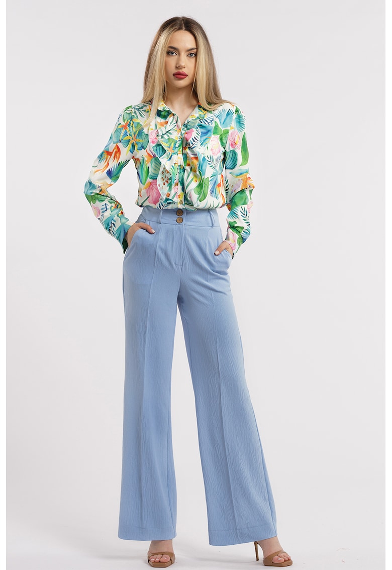 Oferte la Pantaloni drepti cu talie inalta - Albastru azur