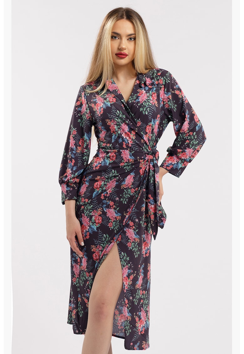 Oferte la Rochie midi cu croiala petrecuta si slit frontal - Negru/Roz