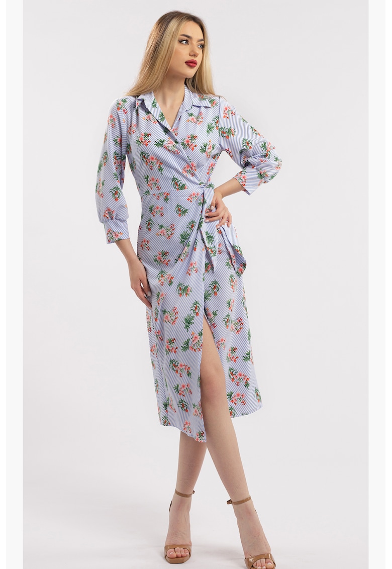 Oferte la Rochie midi cu croiala petrecuta si slit frontal - Alb/Albastru