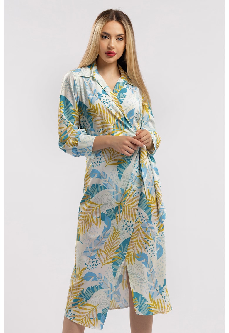 Oferte la Rochie midi cu croiala petrecuta si slit frontal - Albastru deschis/Galben mustar