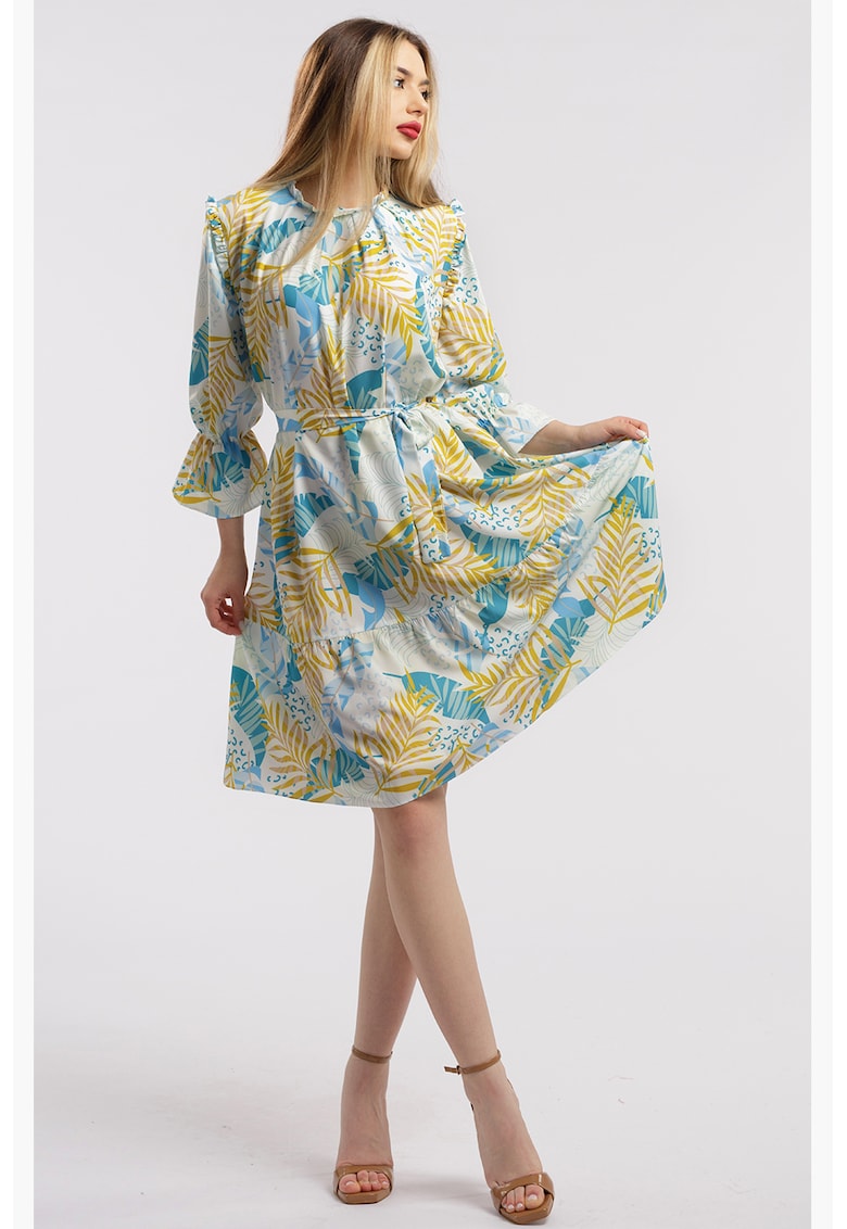 Oferte la Rochie scurta cu model - Albastru pastel/Galben mustar