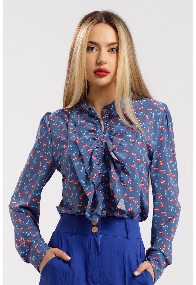 Oferte la Camasa cu aplicatii cu volane si model - Rosu/Bleumarin