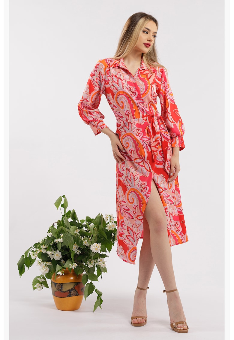 Oferte la Rochie midi cu croiala petrecuta si slit frontal - Rosu/Roz