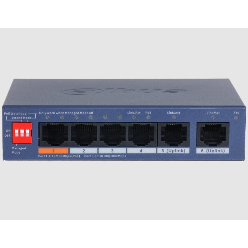 Switch 4 porturi PoE cloud management Dahua CS4006-4ET2GT-60, 2 porturi uplink, PoE Watchdog, Long Distance PoE