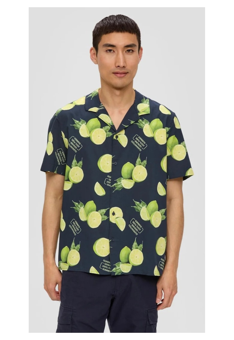 Oferte la Camasa barbati cu maneca scurta - imprimeu cu lime - Regular fit - Verde/Galben/Bleumarin inchis
