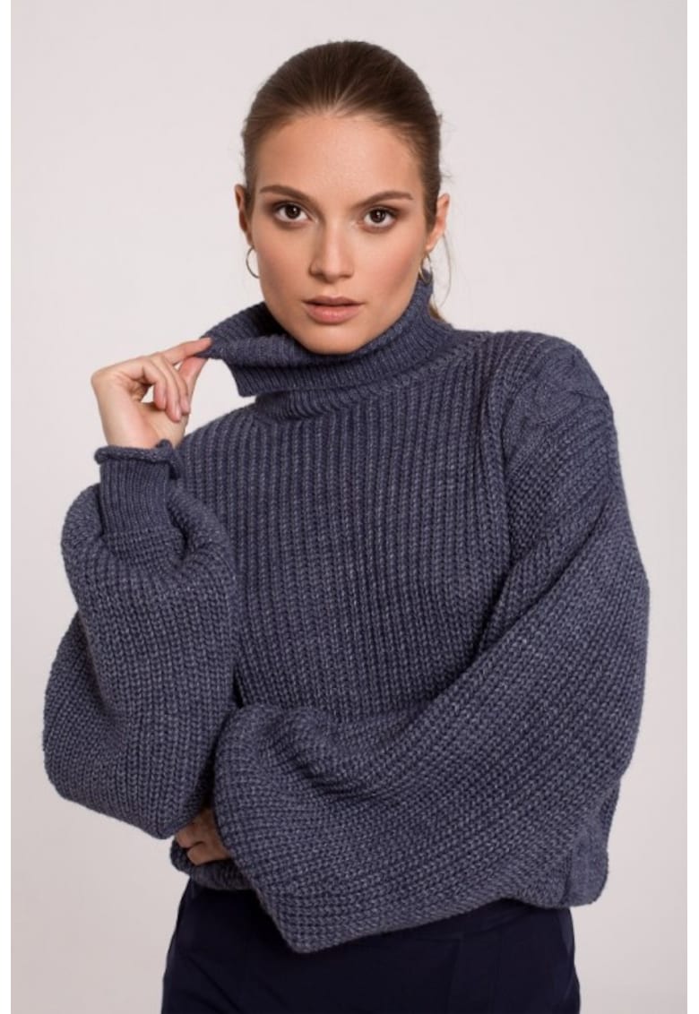 Oferte la Pulover scurt cu guler inalt - - Albastru
