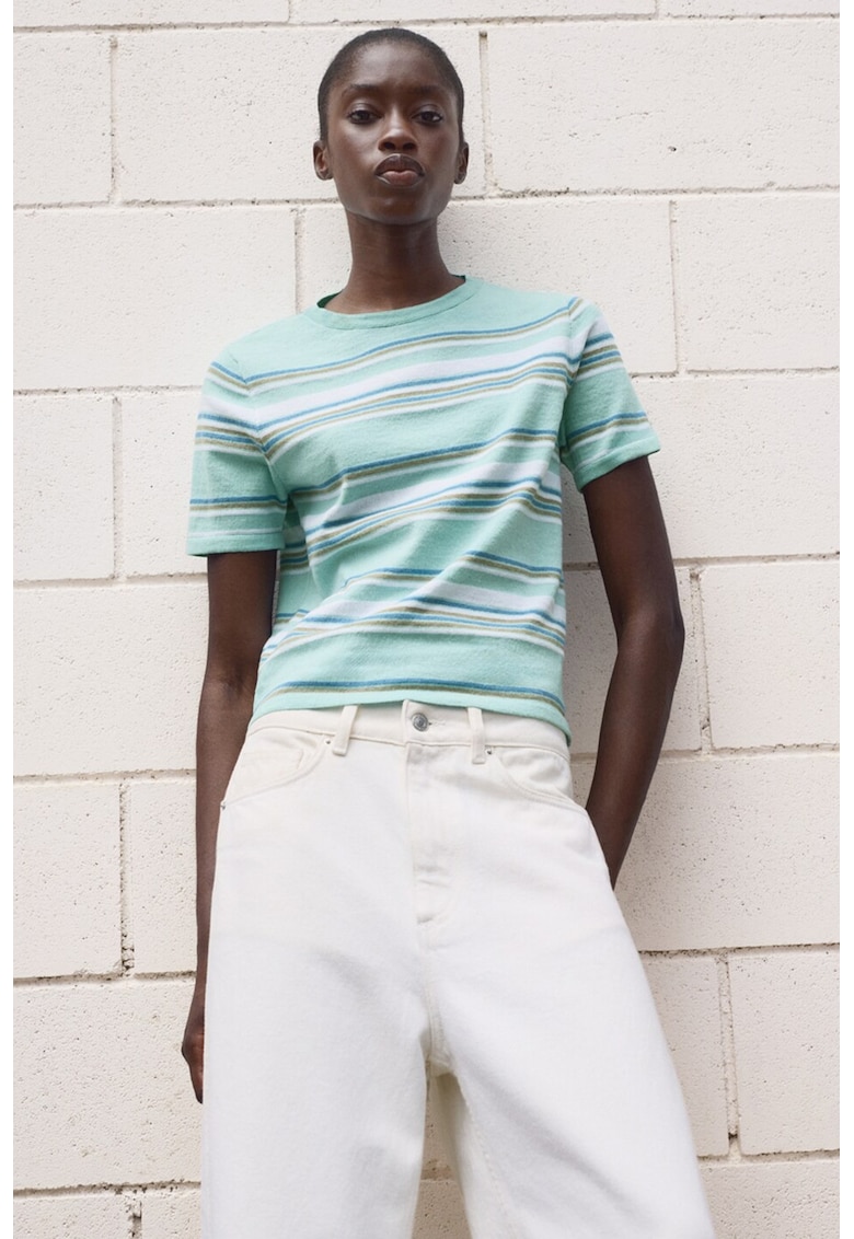 Pulover cu maneci scurte si model in dungi - Albastru pastel/Maro inchis/Verde aquamarin