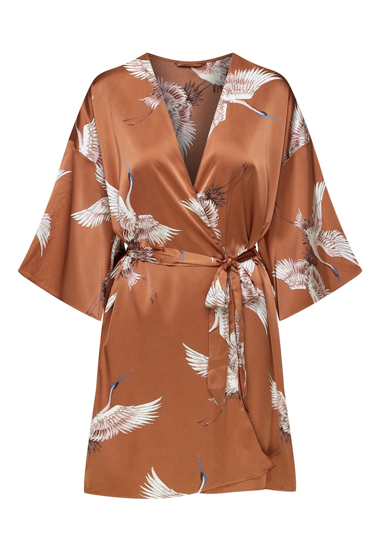 Halat dama Jael - portocaliu - satin - imprimeu cu pasari - maneca lunga